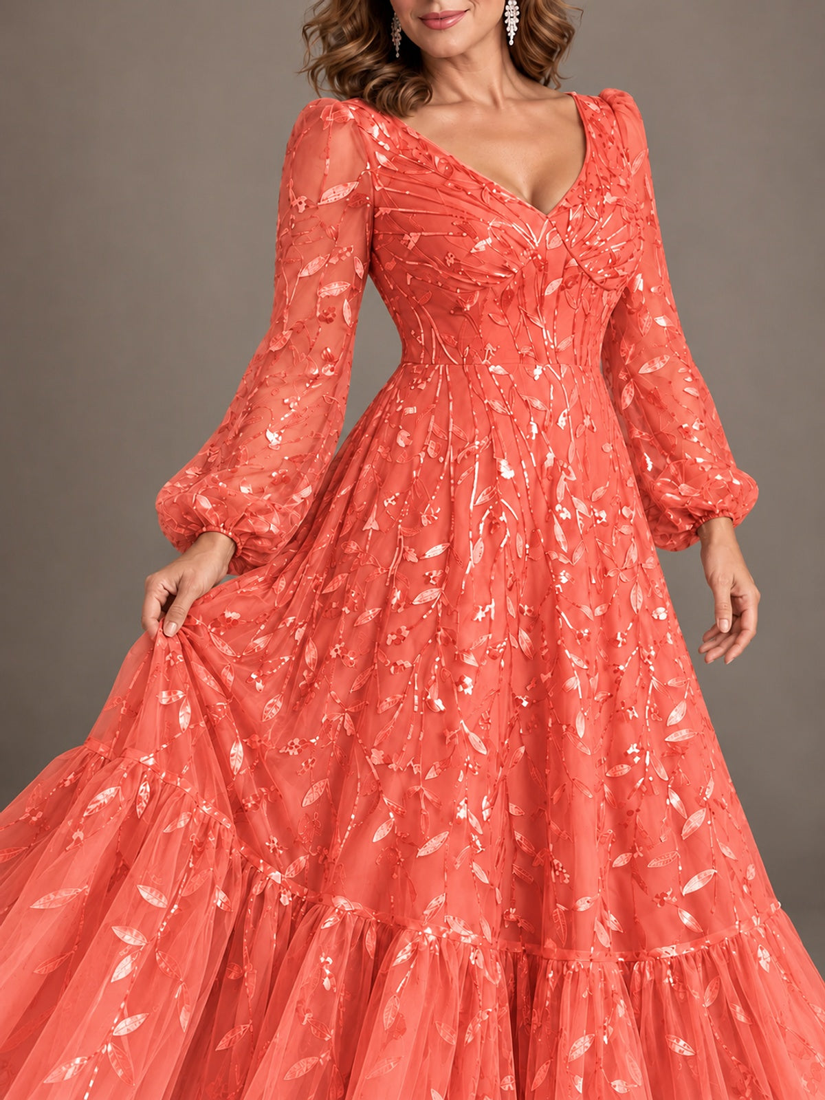 Floral Sequin Embroidered A-Line Mother of the Bride Dress with Long Sleeves