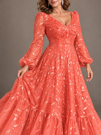 Floral Sequin Embroidered A-Line Mother of the Bride Dress with Long Sleeves
