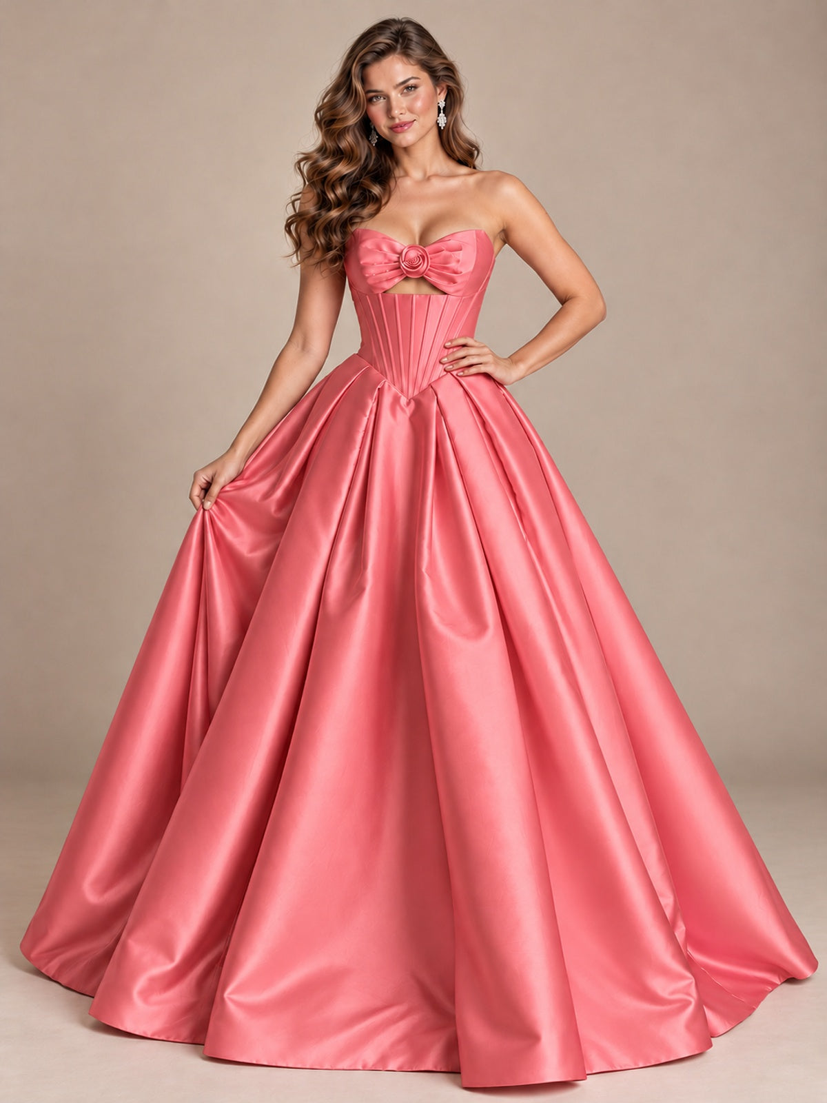 Pink Strapless Corset Satin Prom Derss & Ball Gown with 3D Floral