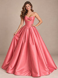 Pink Strapless Corset Satin Prom Derss & Ball Gown with 3D Floral