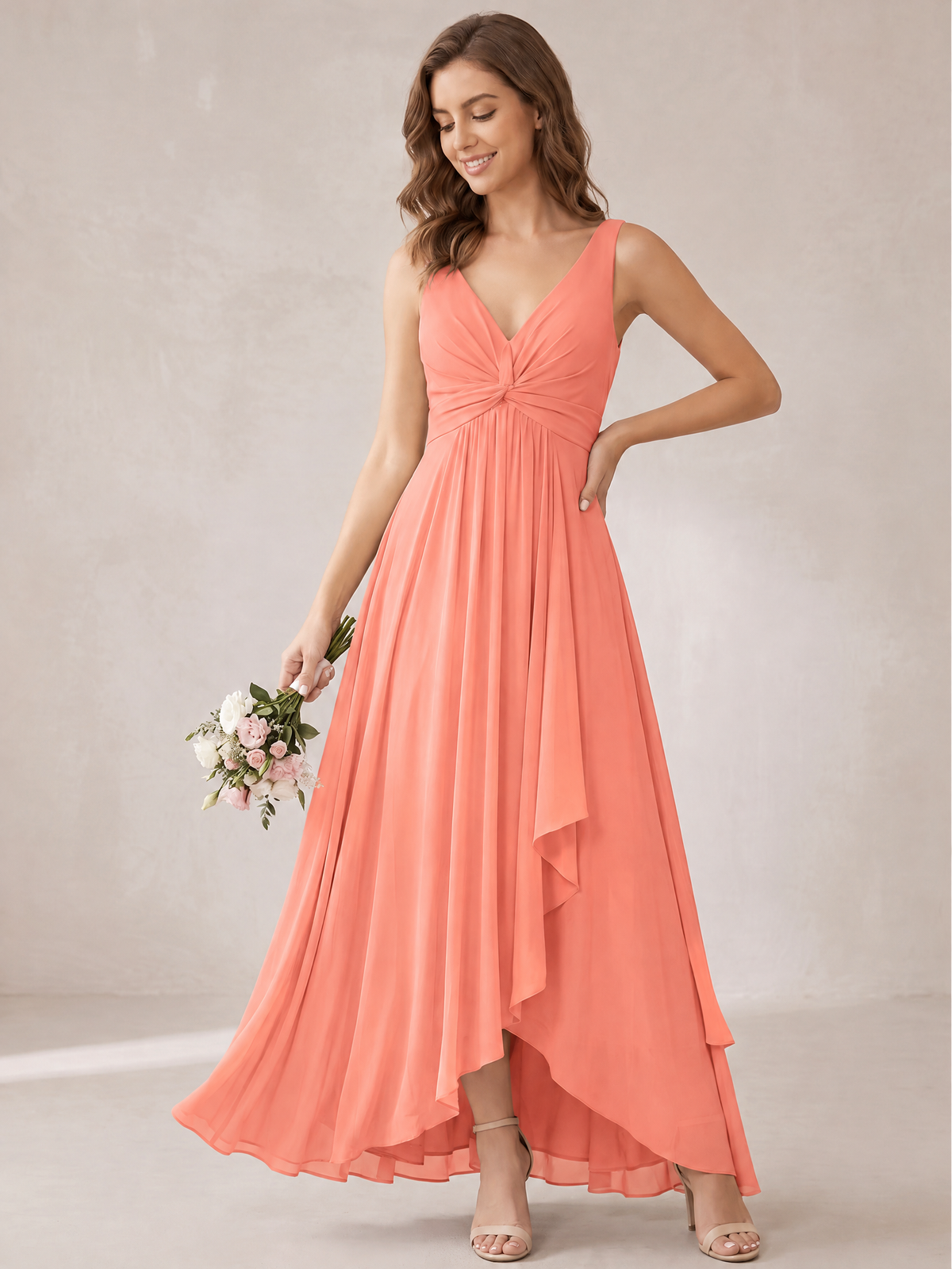 V-Neck High-Low Chiffon Bridesmaid Dress with Ruffles