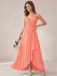 V-Neck High-Low Chiffon Bridesmaid Dress with Ruffles