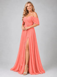 Off Shoulder Chiffon Bridesmaid Dress with Slit