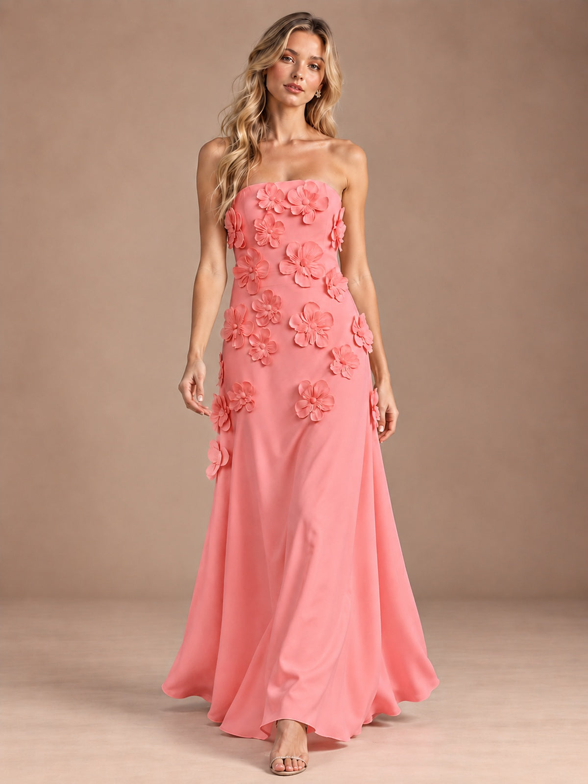 Yellow Strapless A-line Satin Maxi Dress with 3D Floral