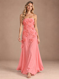 Yellow Strapless A-line Satin Maxi Dress with 3D Floral
