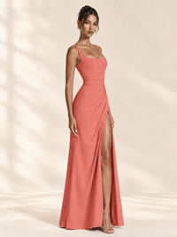 Square Neck Satin Sleeveless Ruched Prom Dress with High Slit
