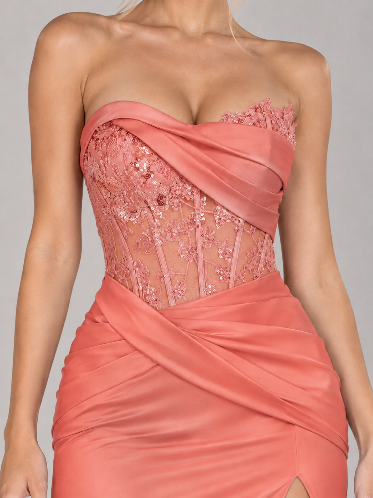 Strapless Satin Prom Dress with Sheer Lace Corset & High Slit