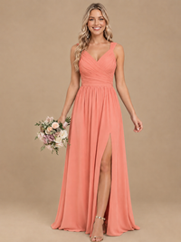 Pleated Chiffon V Neck Wedding Bridesmaid Dresses Floor Length with Slit