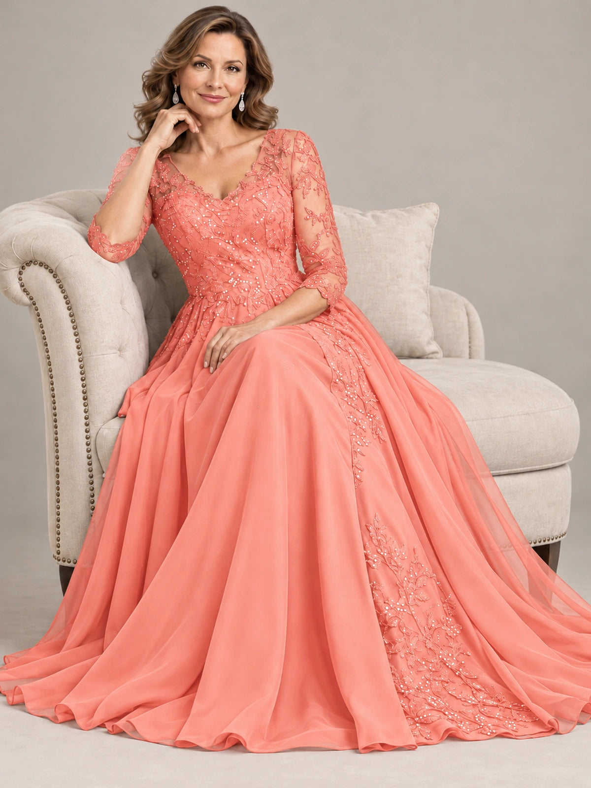 Sequin Lace A-Line Mother of the Bride Dress with 3/4 Sleeves