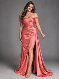 Off Shoulder Satin Maxi Dress with Slit