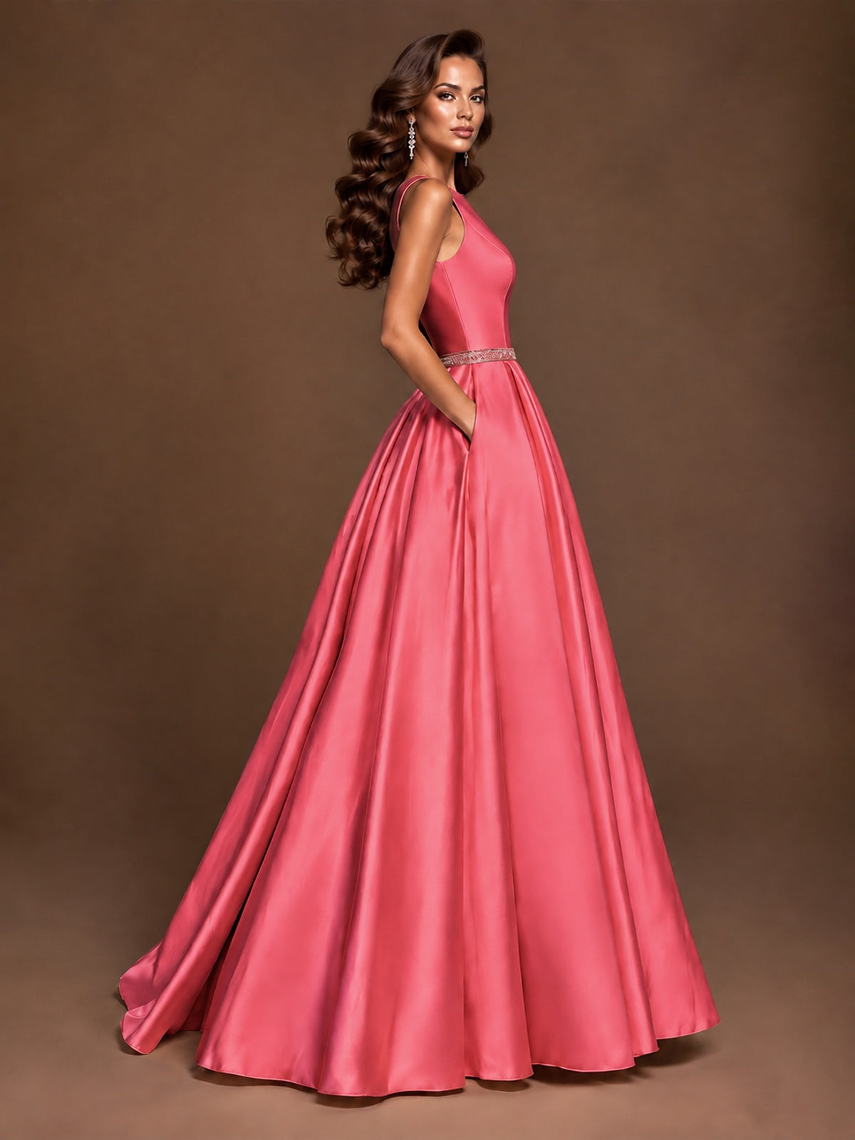 Satin A-Line Prom Dress Sleeveless Beaded Waist Formal Gown with Pockets