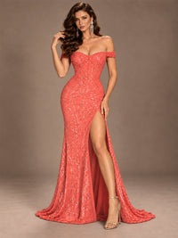 Off the Shoulder Corset Sequin Mermaid Prom Dress with Slit