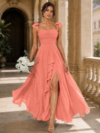 Ruffle Slit Chiffon A Line Scoop Neck Bridesmaid Dresses with Pockets
