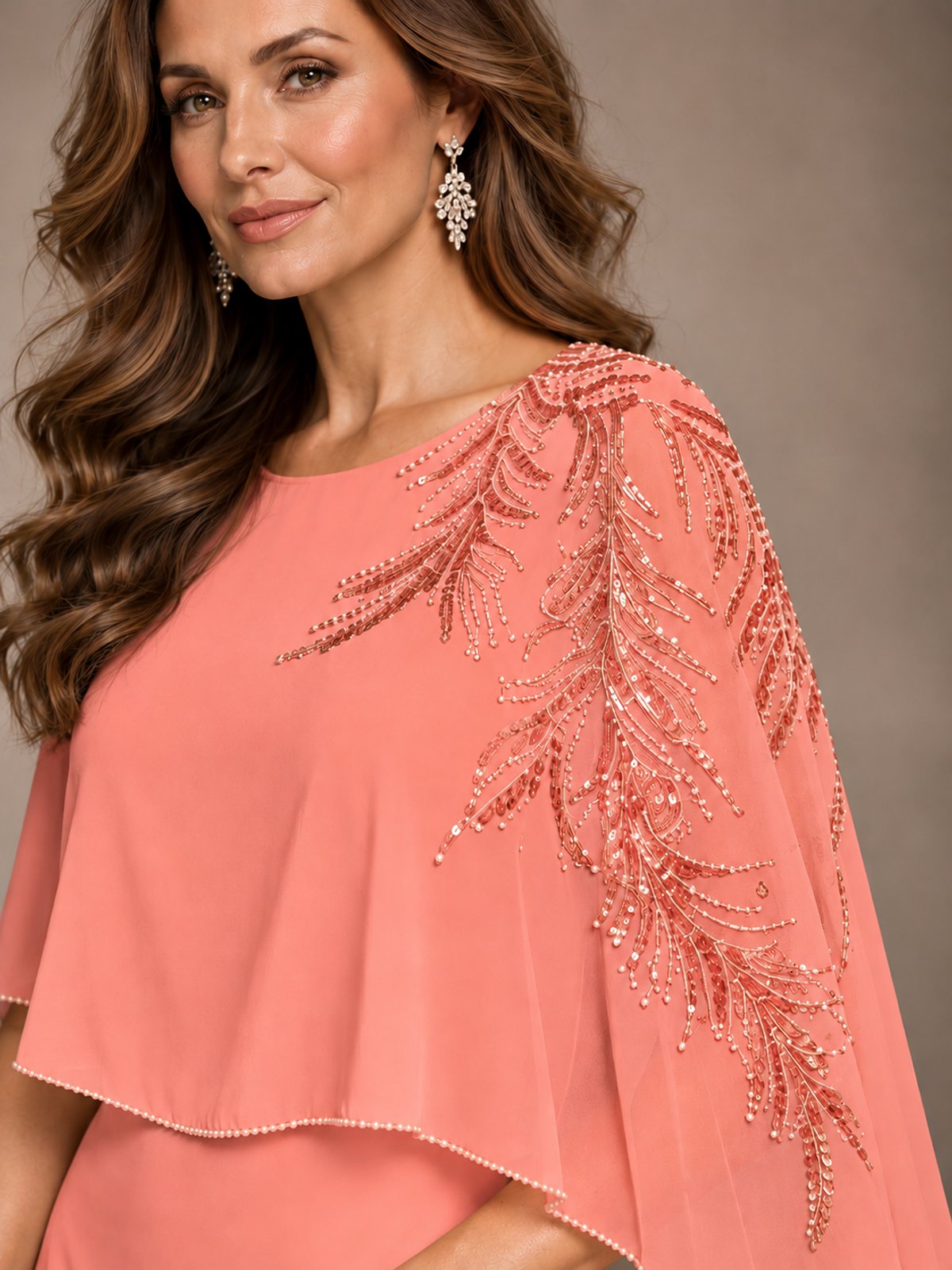 Elegant Chiffon Cape Sleeve Beaded Mother of the Bride Dress