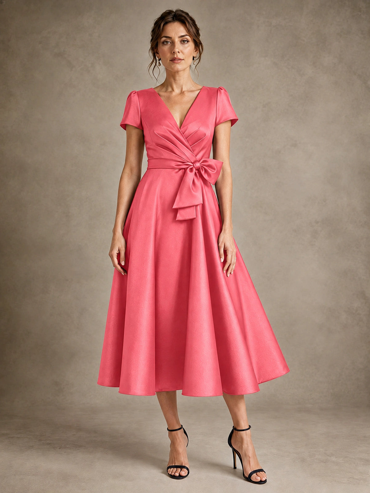Coral V-Neck Tea-Length Satin Mother of the Bride Dress with Bow Jovellee