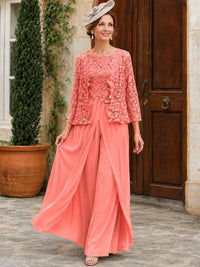 Elegant 3-Piece Chiffon Mother of the Bride Pantsuit with Floral Applique Jacket