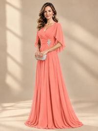 Ruched V Neck Mother of The Bride Dresses with Shawls Appliques and Cap Sleeves