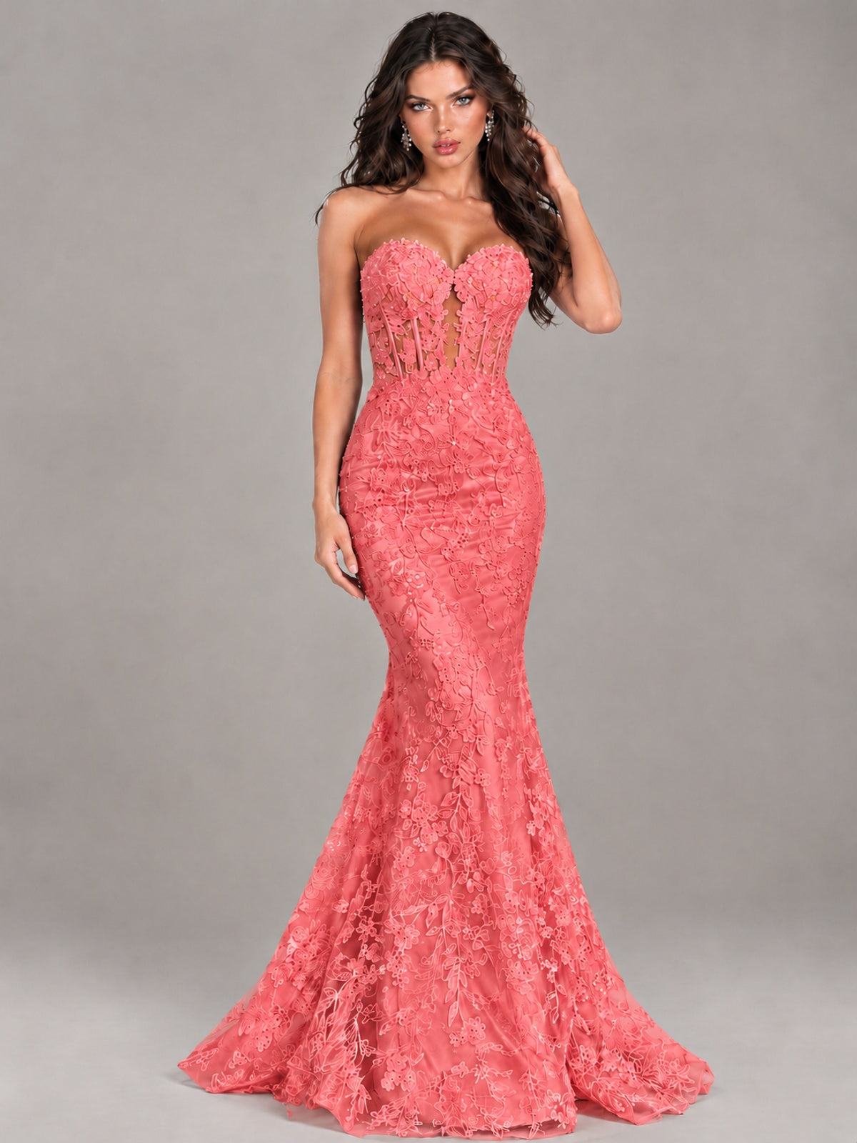 Strapless Corset Mermaid Prom Dress Lace Appliqué Formal Gown