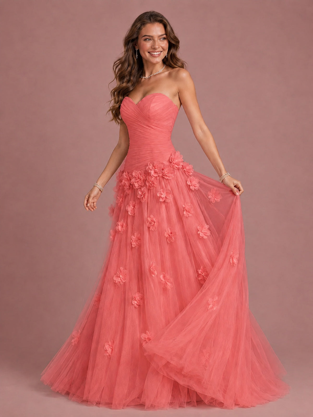 Blush Pink Strapless Sweetheart 3D Floral Tulle Ball Gown Prom Dres