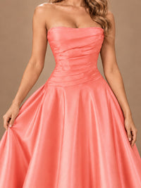 Blush Pink Strapless Satin A-Line Prom Dress with Ruched Bodice