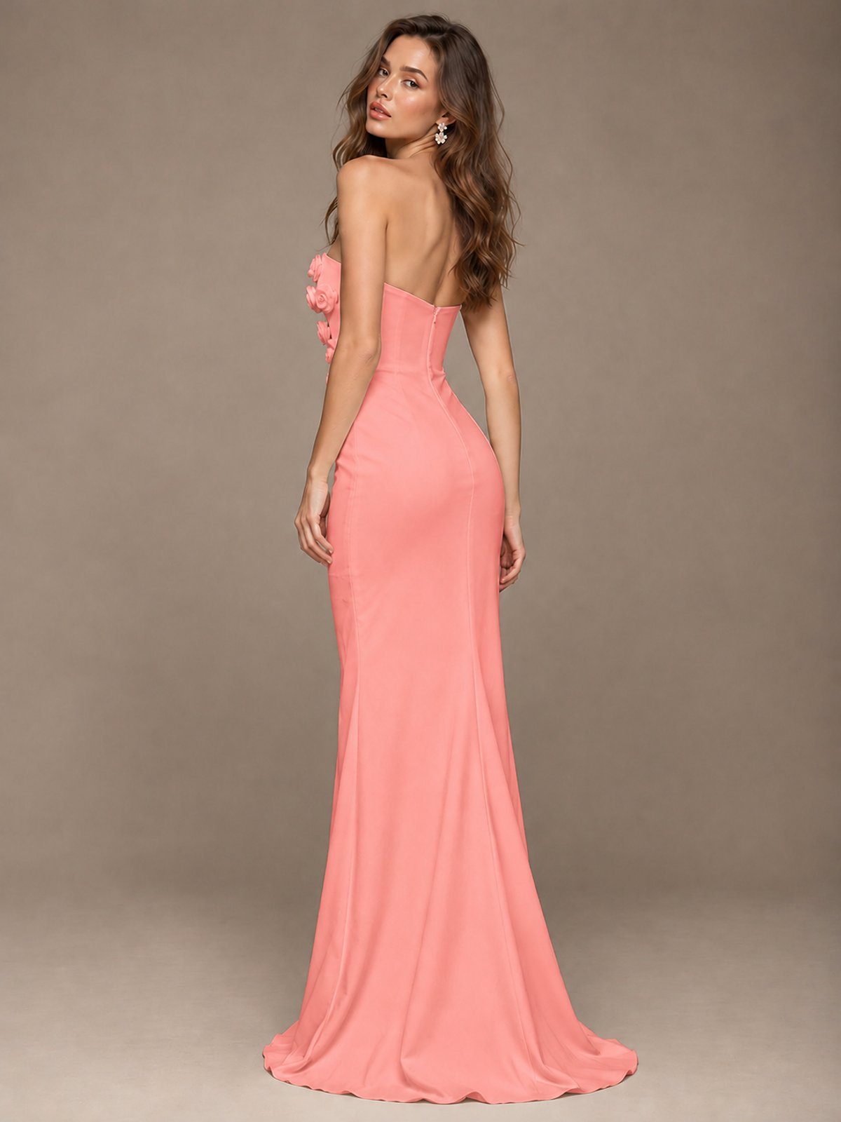 White Strapless Mermaid Maxi Dress with 3D Floral Appliques