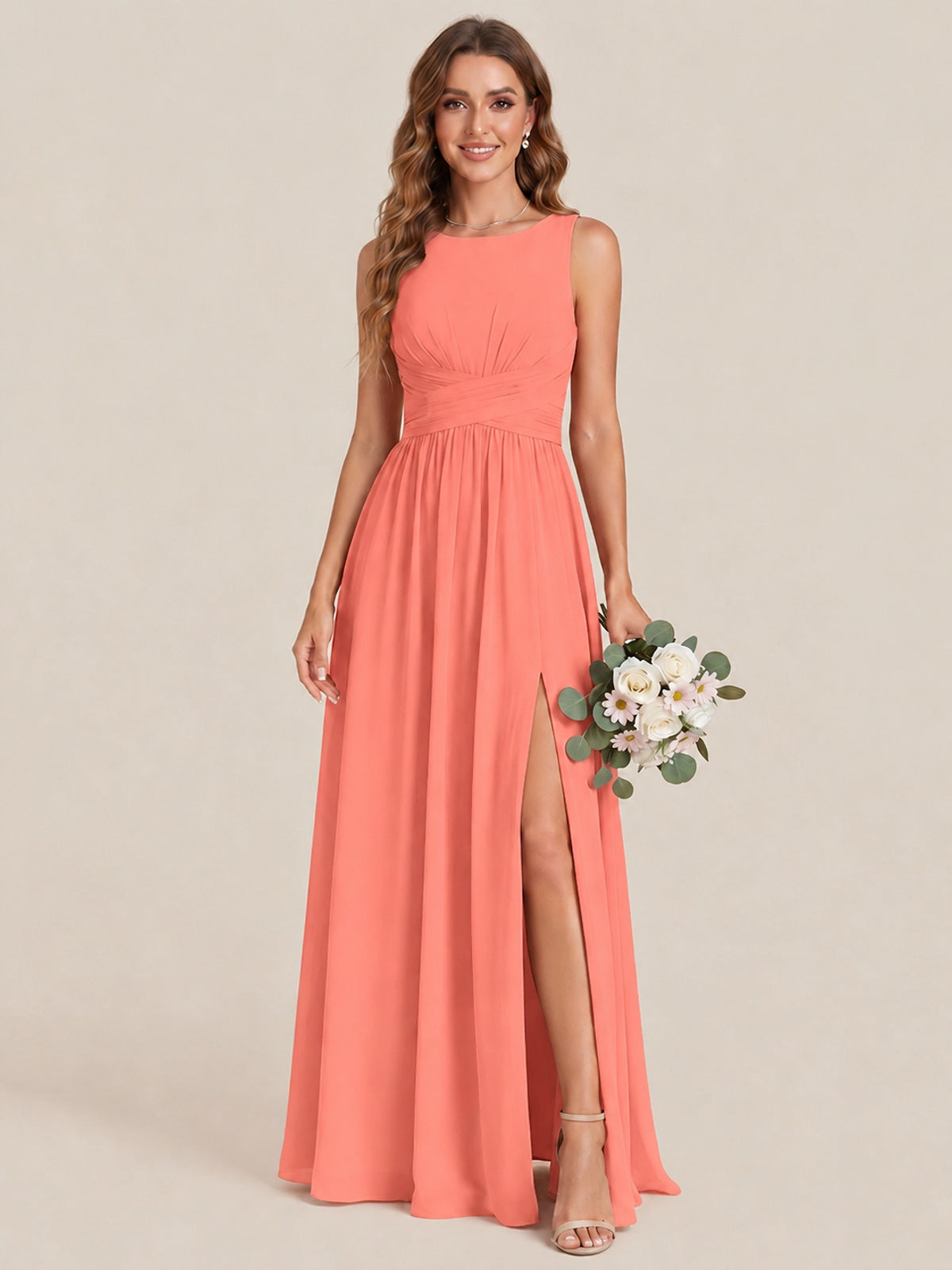 A-line Sleeveless Rucehd Chiffon Bridesmaid Dress with High Slit