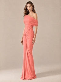 Elegant Draped Off Shoulder Ruched Mermaid Chiffon Formal Evening Gown