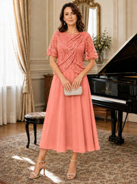 Tea-Length Chiffon Mother of the Bride Dress with Sequin Lace Sleeves