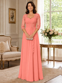 Chiffon Lace Applique Mother of the Bride Dress with 3/4 Sleeves