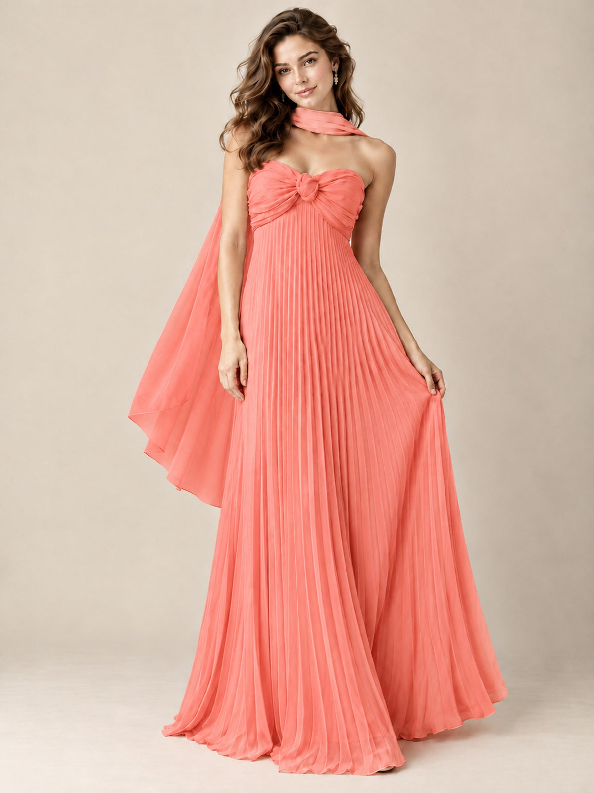 Sweetheart Neckline Pleated Prom Dress Strapless A-line Formal Dress with Flowy Scarf