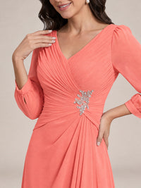 V-Neck Pleated Chiffon Mother of the Bride Dress with Flutter Sleeves