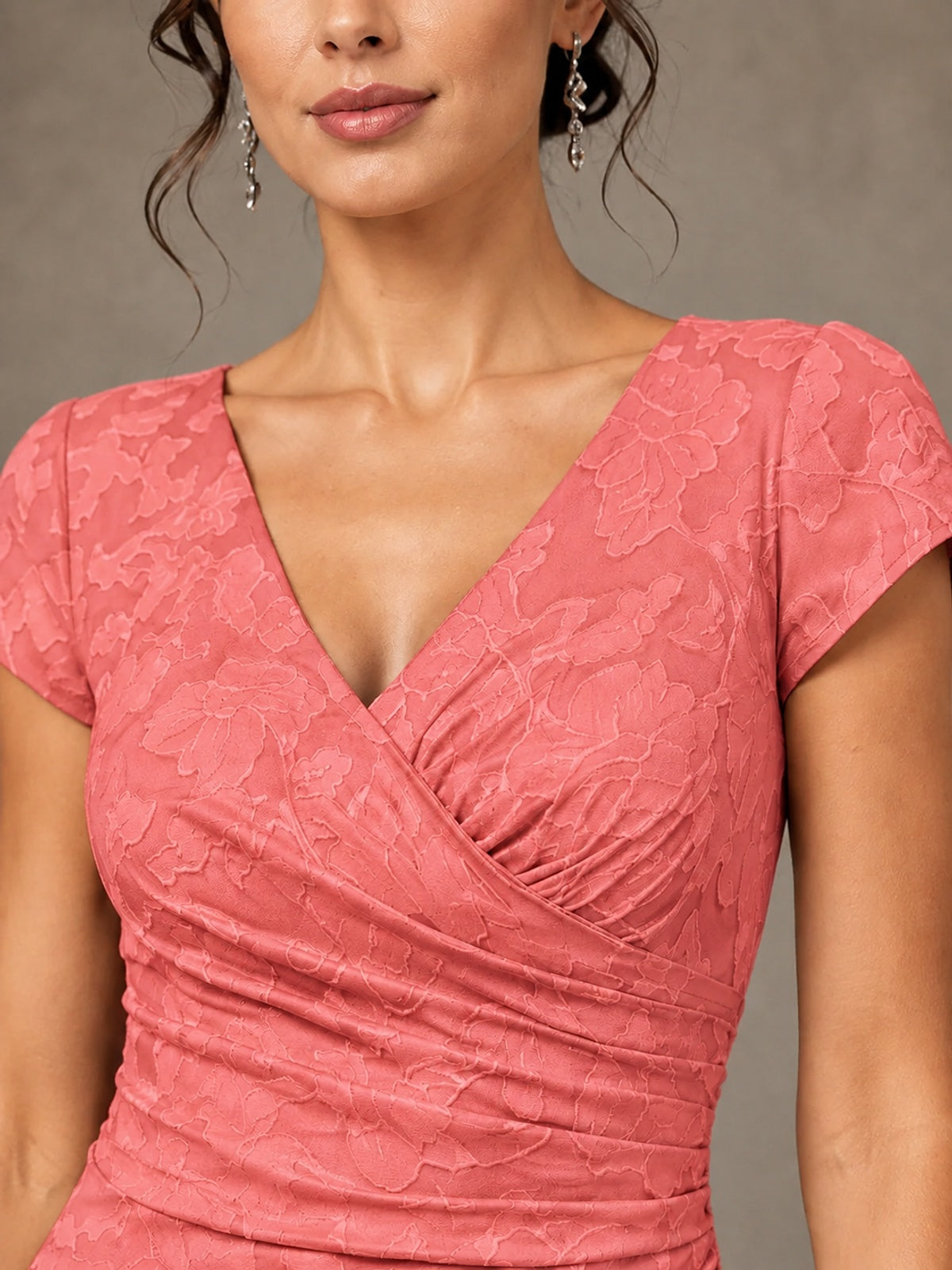 V-Neck Floral Jacquard Mother of the Bride Dress with Slit