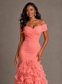 Pink Off-the-Shoulder Mermaid Prom Dress with Ruffles 3D Flowers