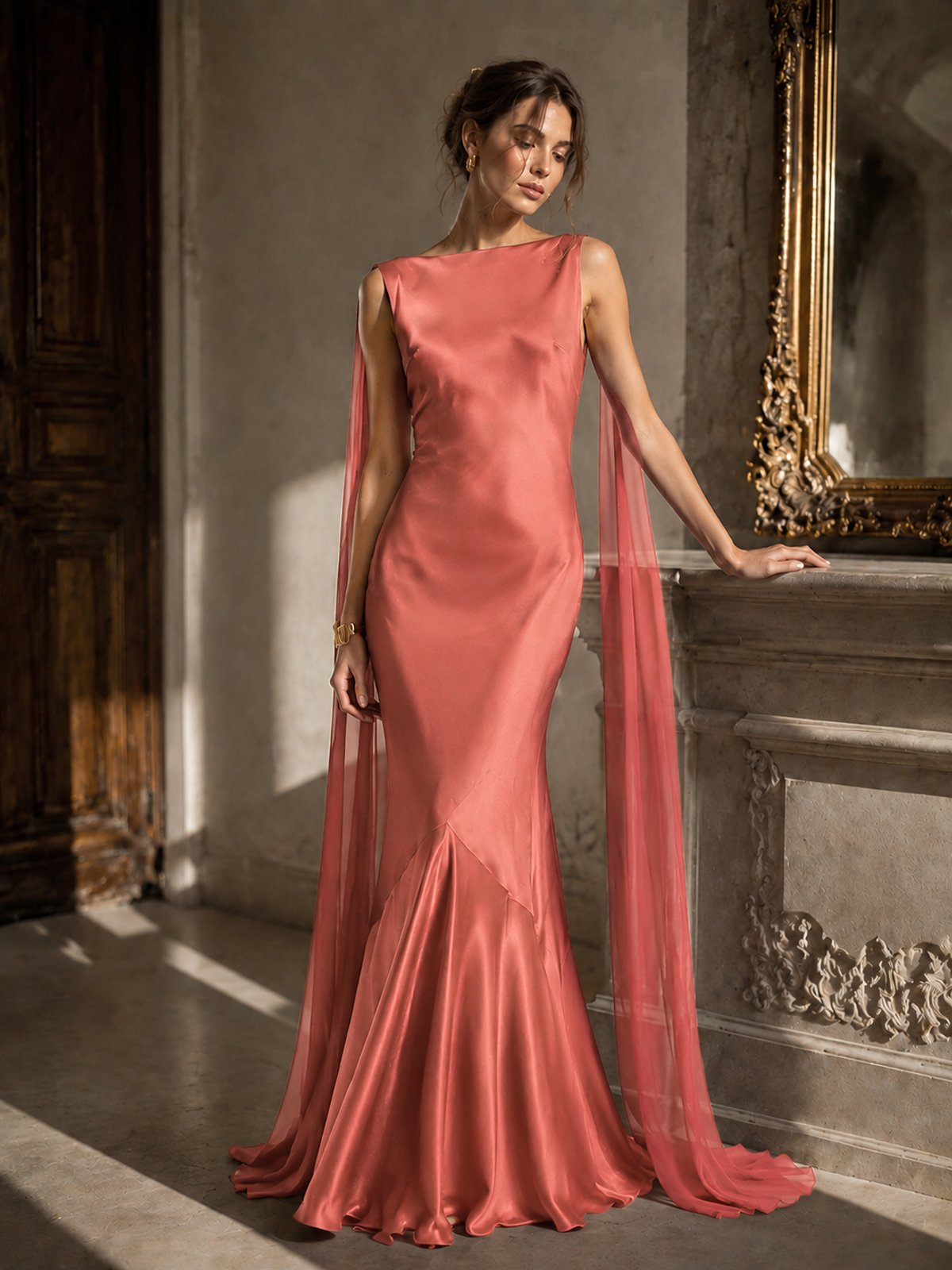Burgundy Satin Mermaid Cape Maxi Dress