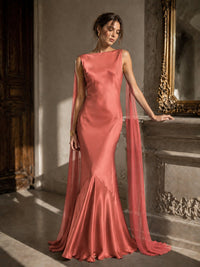 Burgundy Satin Mermaid Cape Maxi Dress
