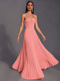 Strapless A-line Long Pleated Satin Prom Dress