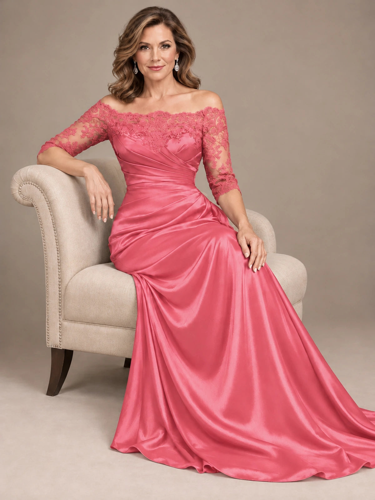 Satin Mother of the Bride Dress with Lace Sleeves Off Shoulder Formal Gown