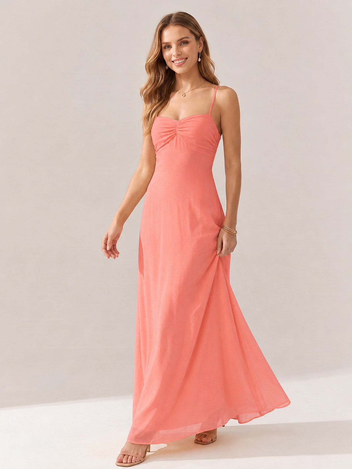 JOVELLEE Yellow Sweetheart Ruched Bust Chiffon Maxi Dress