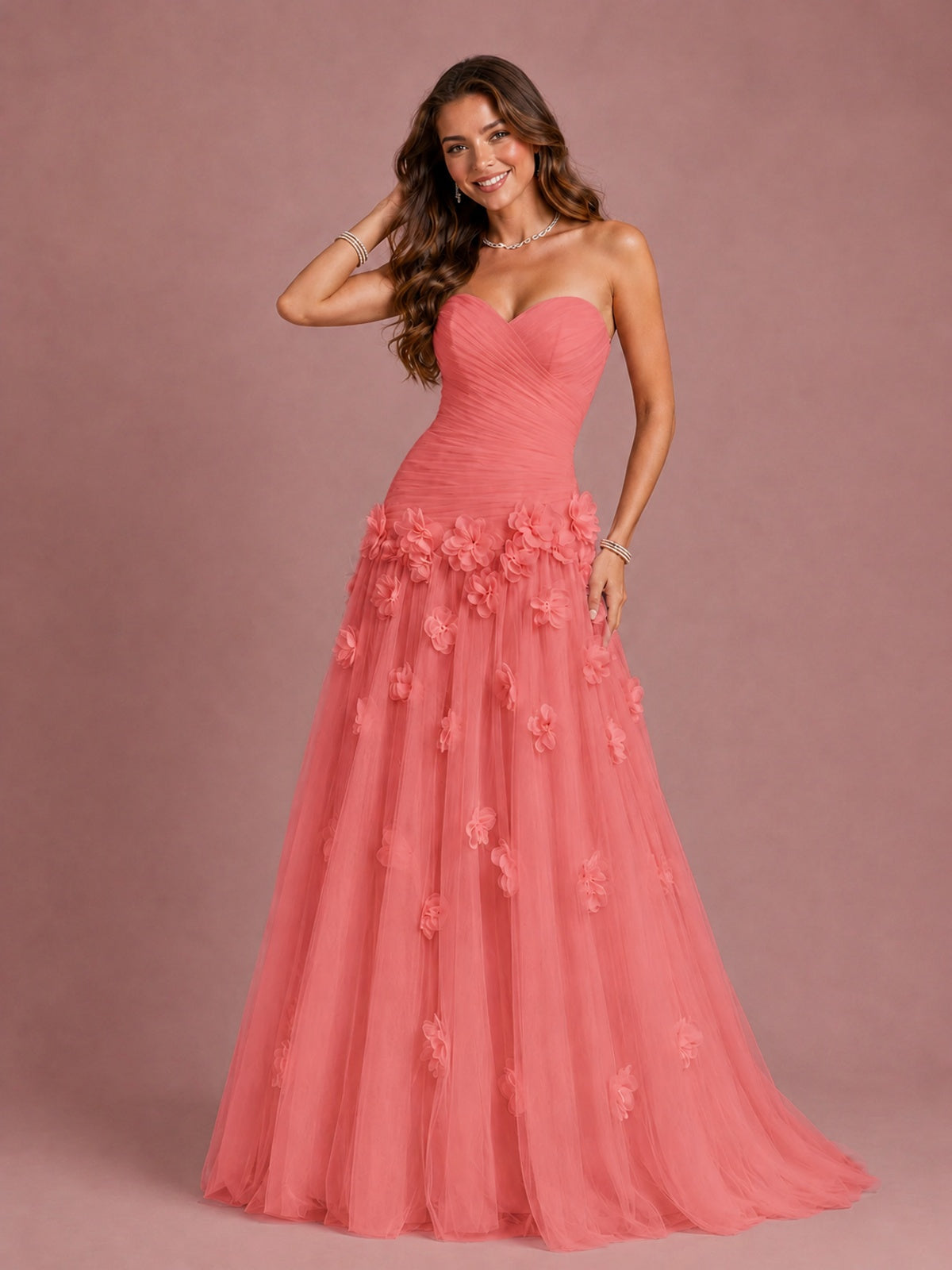 Blush Pink Strapless Sweetheart 3D Floral Tulle Ball Gown Prom Dres