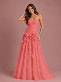 Blush Pink Strapless Sweetheart 3D Floral Tulle Ball Gown Prom Dres