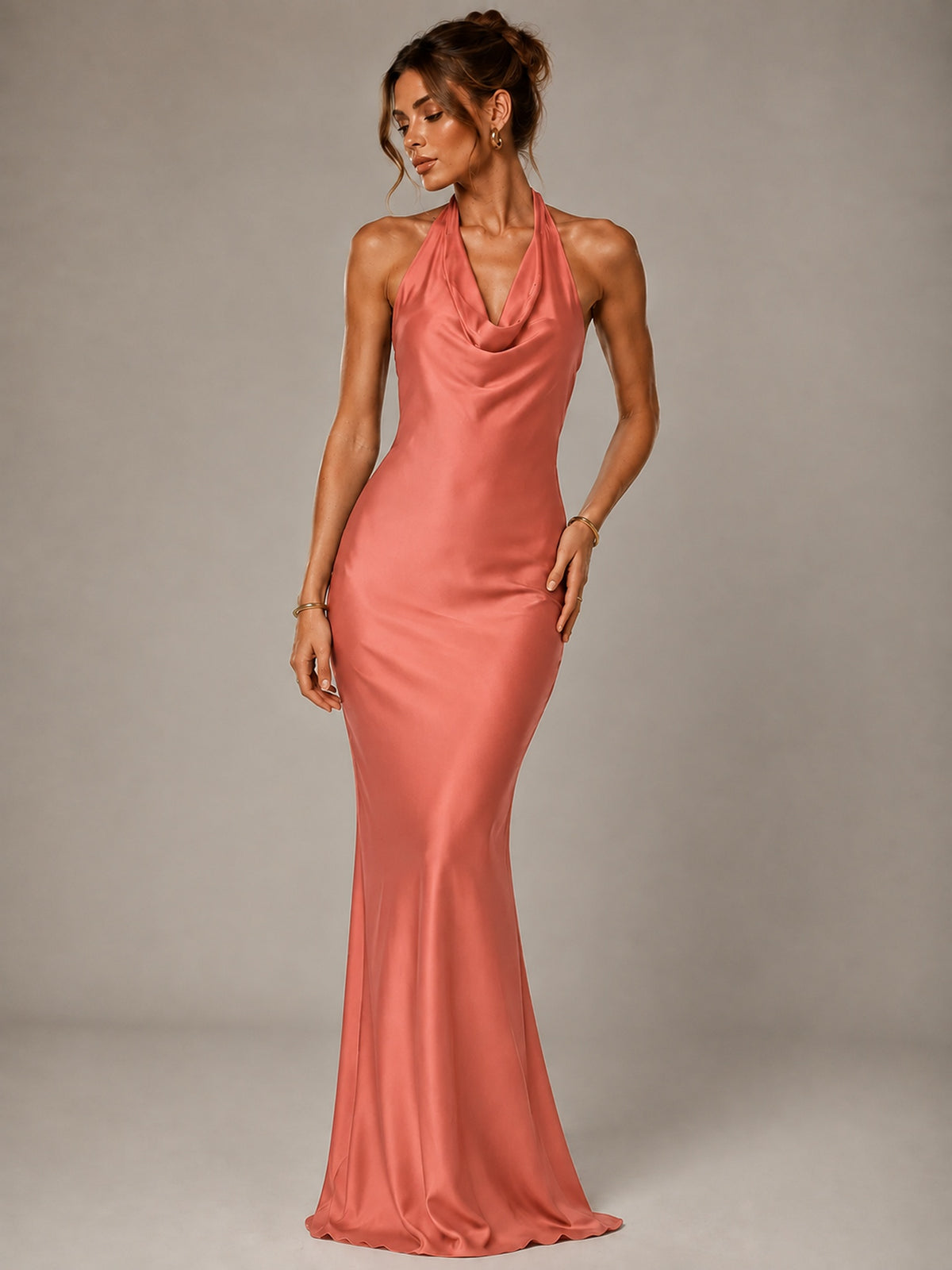 Olive Green Halter Satin Mermaid Maxi Dress
