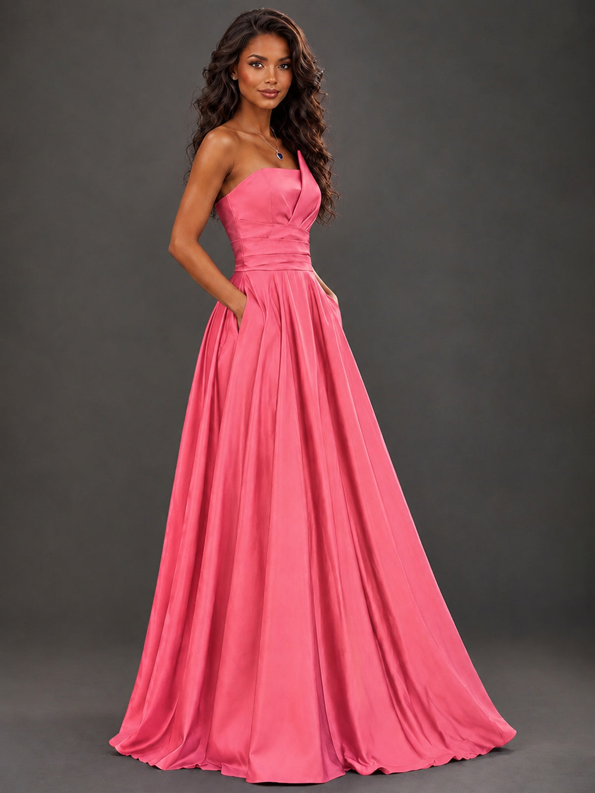 Draped Satin Prom Dress Strapless A-line Formal Dress Floor Length