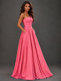 Draped Satin Prom Dress Strapless A-line Formal Dress Floor Length