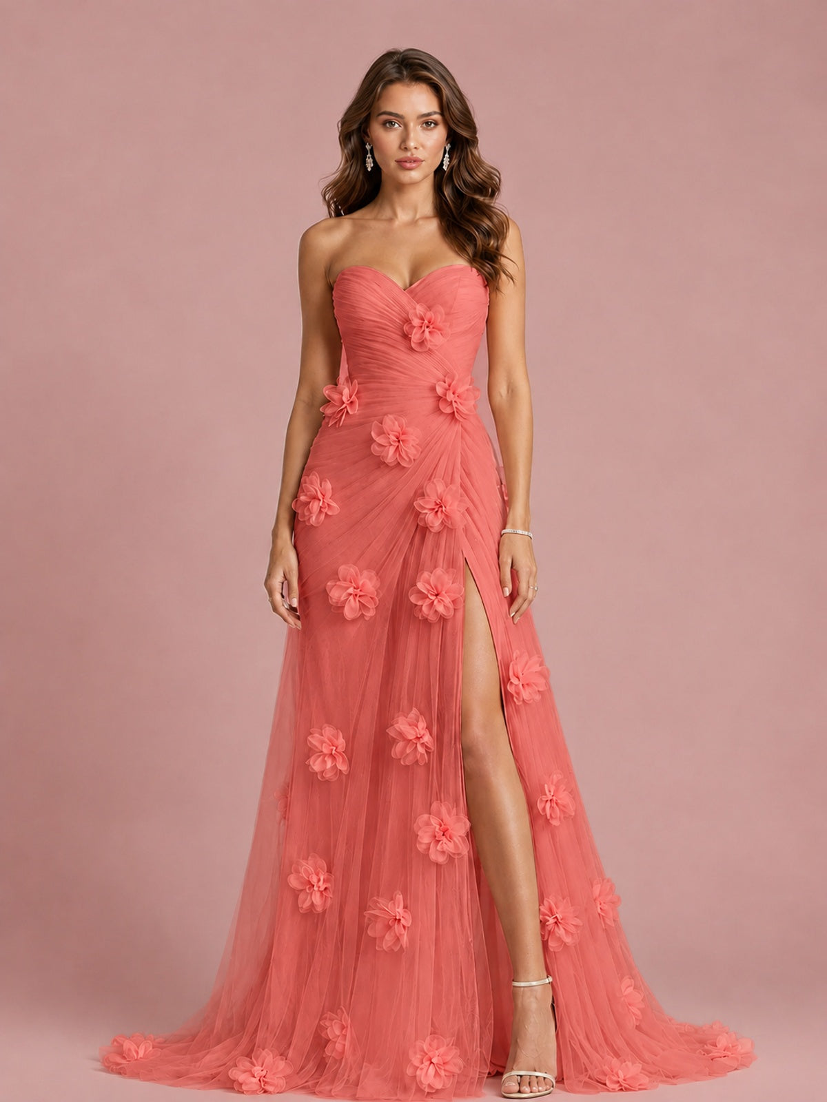 3D Floral Applique Strapless Tulle Prom Dress with High Slit