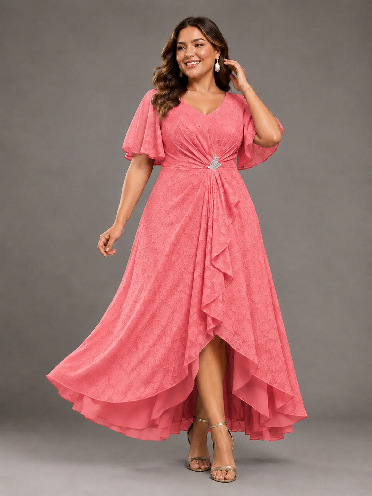 Jacquard Chiffon A-Line V-Neck High-Low Mother of the Bride Dress