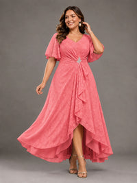 Jacquard Chiffon A-Line V-Neck High-Low Mother of the Bride Dress