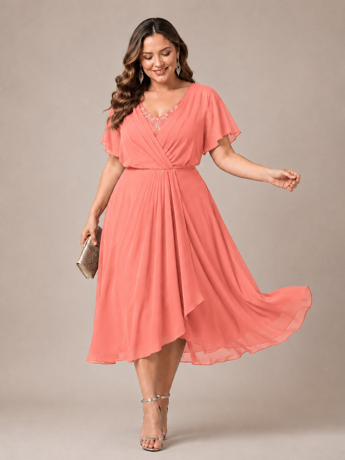 Navy Blue A-Line V-Neck Tea-Length Mother of the Bride Dress
