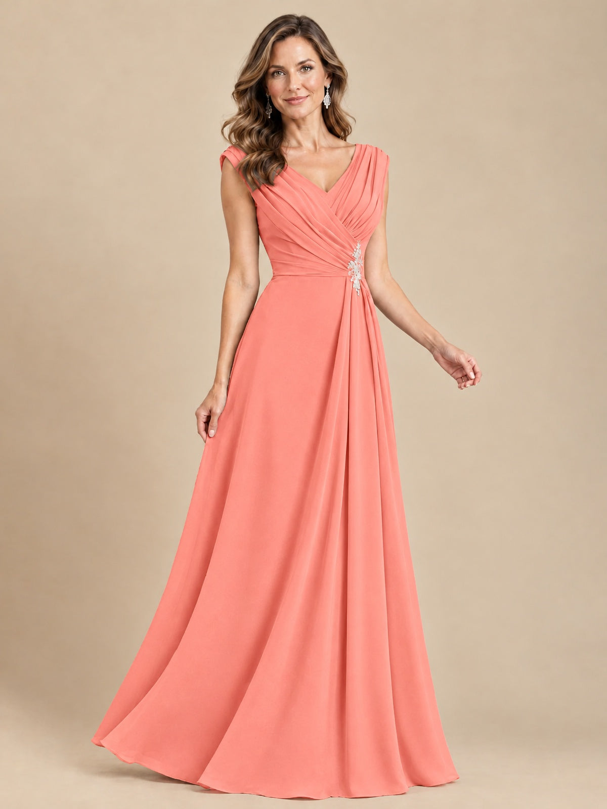 V Neck Pleated Mother of The Bride Dresses with Beading Cap Sleeves