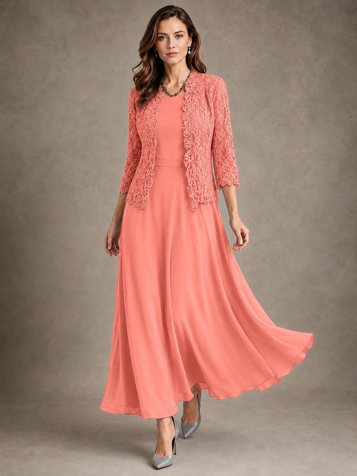 2-Piece Chiffon Mother of the Bride Dress with Lace Jacket