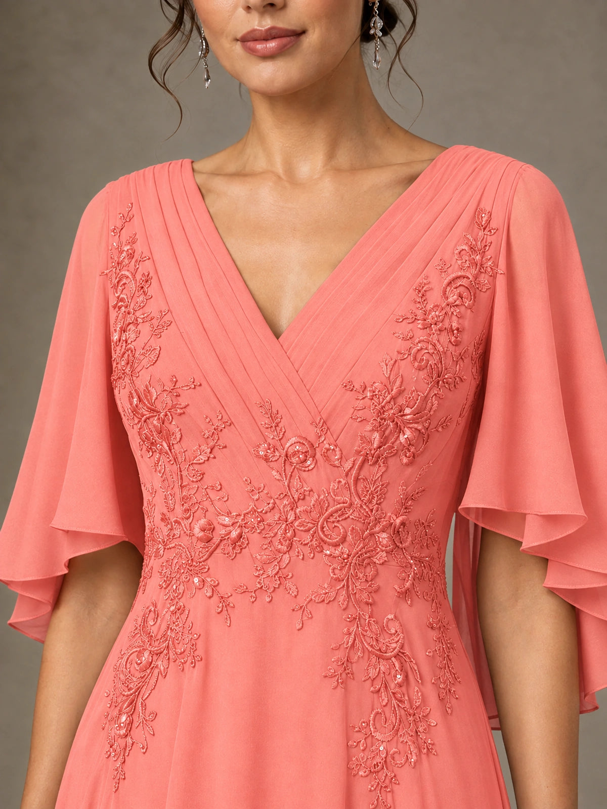 V-Neck Chiffon Lace Mother of the Bride Dress with Flutter Sleeves